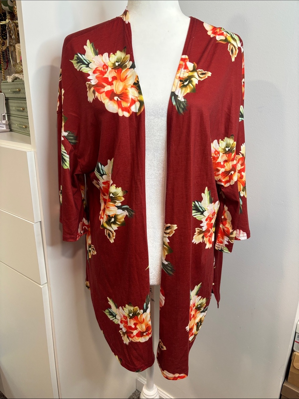 Women's Open-Front Floral Kimono Cardigan - Burgundy